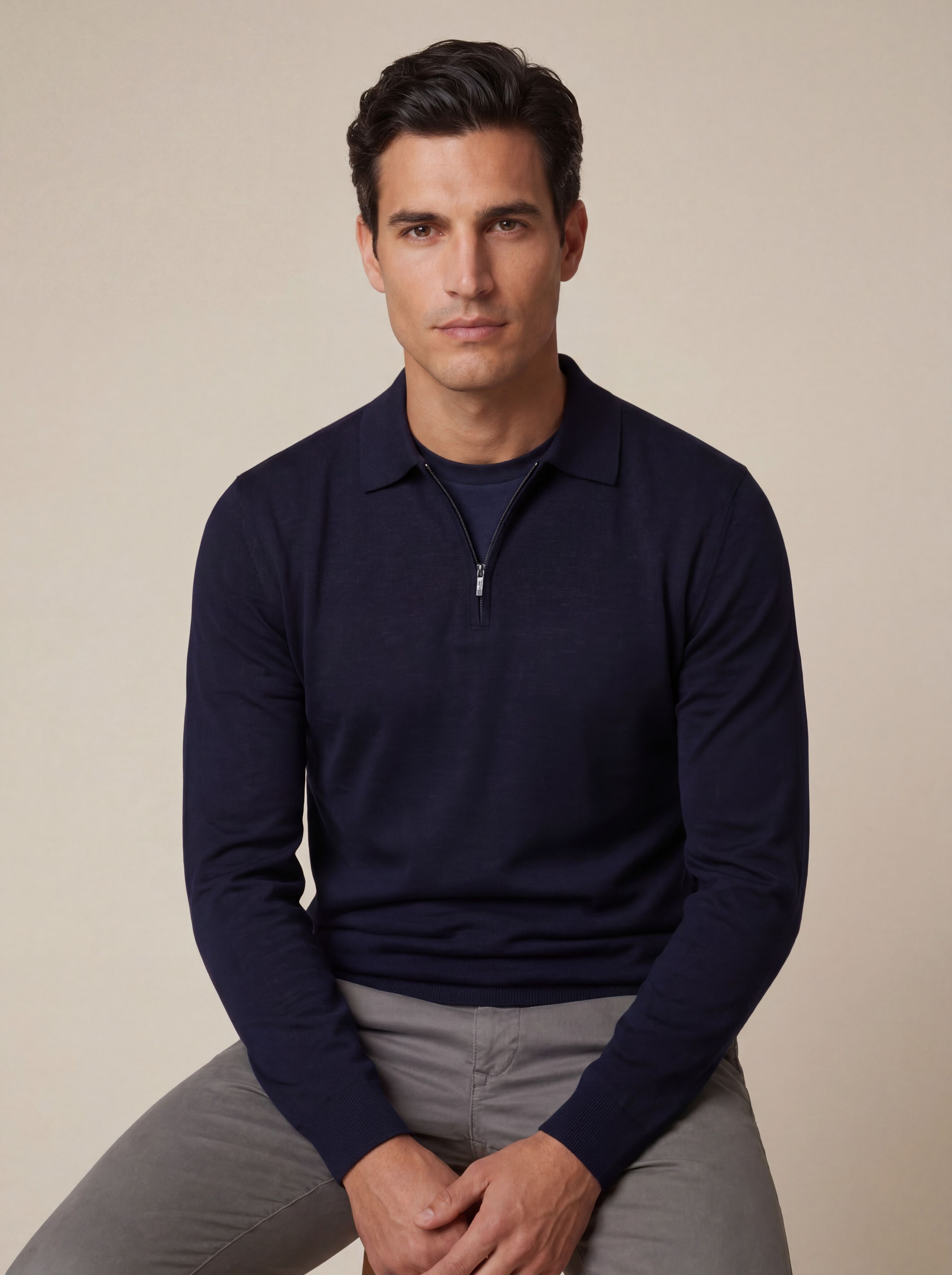 Lio Lange Mouw Zip Polo | Donkerblauwe Pullover Heren
